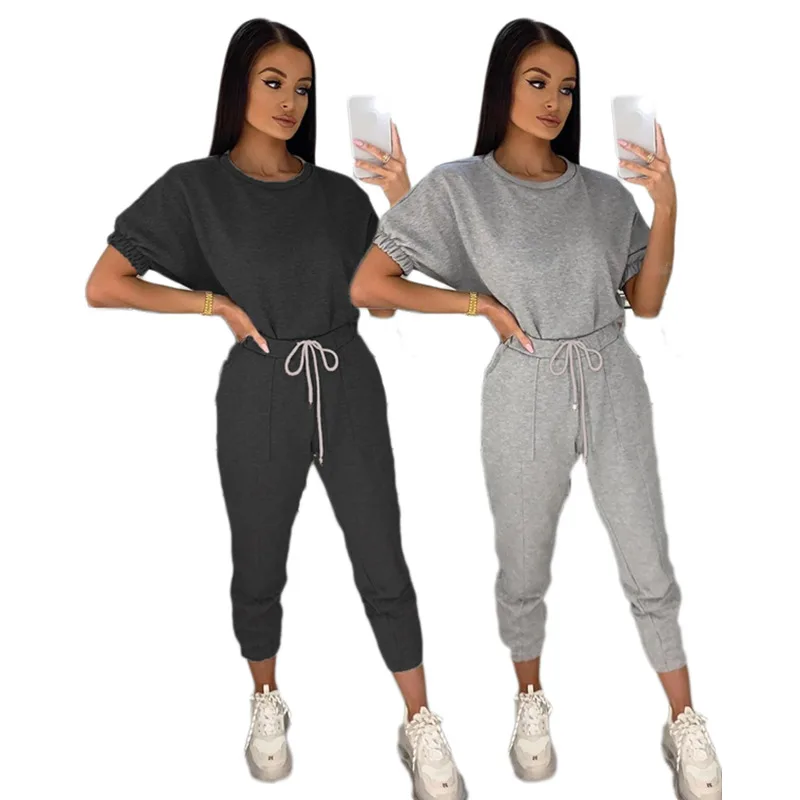 

Casual Cotton Sports Outdoor Two Piece Set Women Short Pullover Ankle-length Pants Elastic Waist Polyester Solid O-neck