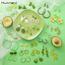 HUANZHI новые модные летние Шикарные Зеленые геометрический цветочный акриловый матча дизайн серьги гвоздики для женщин девочек путешествия ювелирные изделия