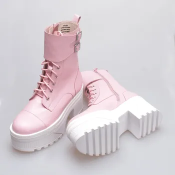 

Thick Bottom Height British Increasing Womens Ankle Round Toe Zip Buckle Cross Tied High Heel Casual Female Platform Boots