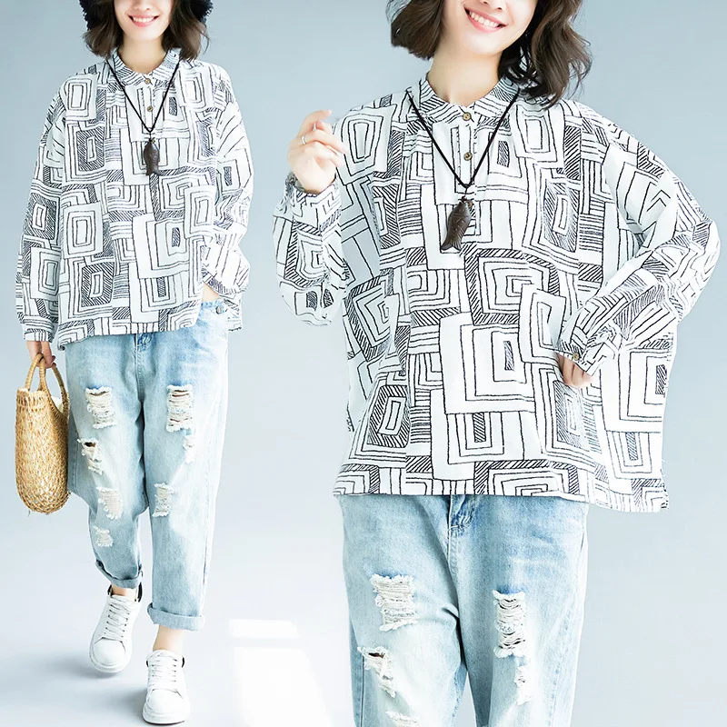 

2019 Spring Summer Loose-Fit Literature And Art Printed Long Sleeve Large Size Fat Mm Stand Collar Slit Hemline at Hem Tops Shir