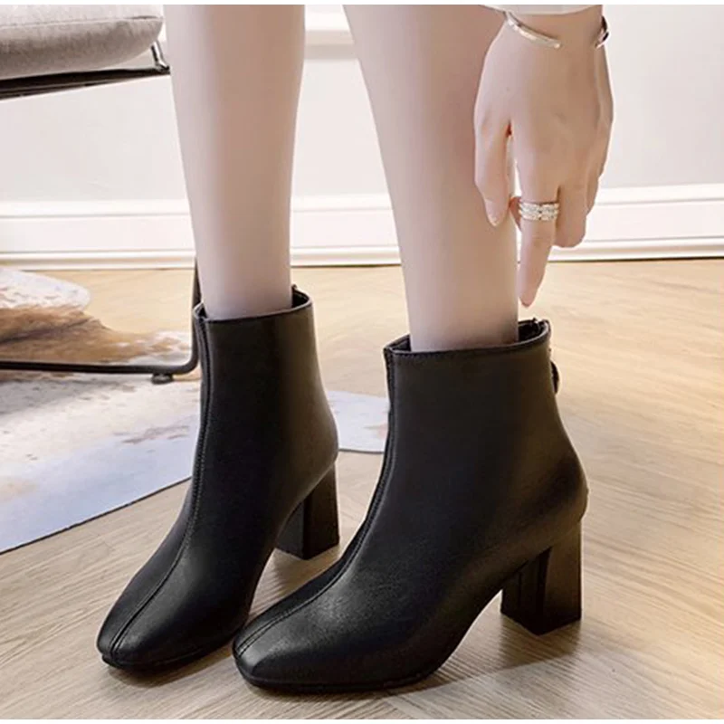 

Woman Pu Leather Ankle Boots New Autumn Women Zipper Square High Heels Woman's Sewing Solid Shoes Ladies Fashion Causal Boots