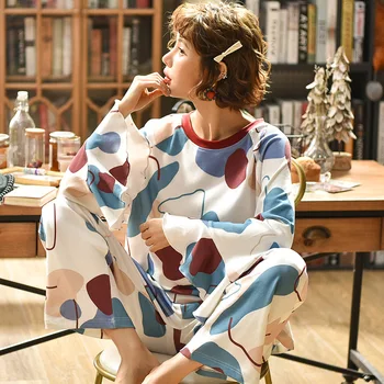 

2020 New 100% Cotton Pajama Sets For Women Casual Long Sleeve Nightgown Girls Cute Sleepwear Spring&autumn Luxurious Home Clothe