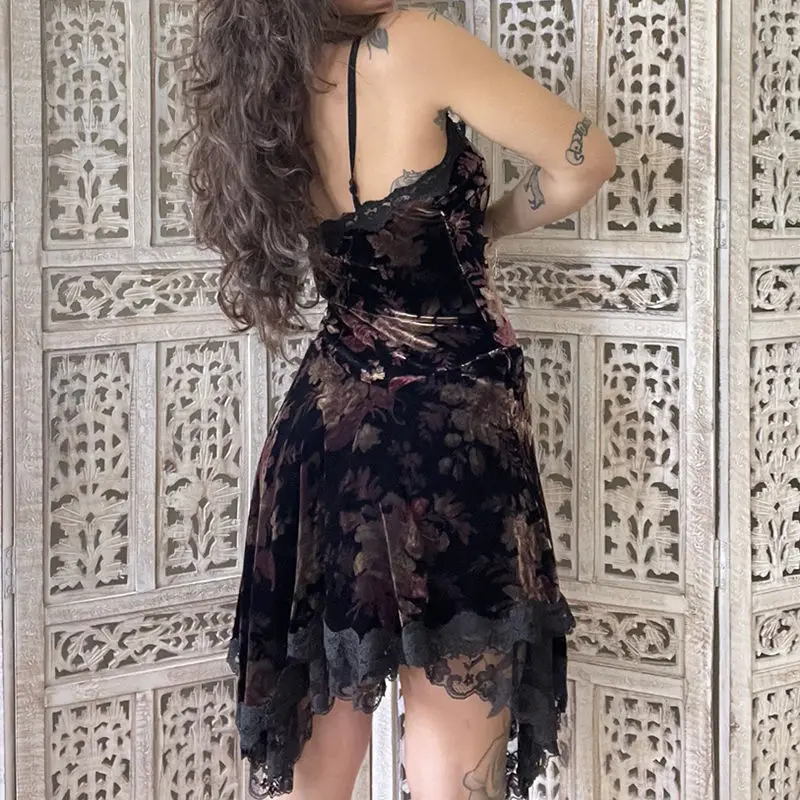 Lace Velvet Irregular Spaghetti Strap Party Dresses for Women 2021 Trim ...