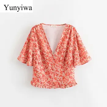 

2020 Women Fashion V Neck Floral Print Casual Blouse Shirt Women Butterfly Sleeve Chic Blusas Hem Pleated Chemise Tops