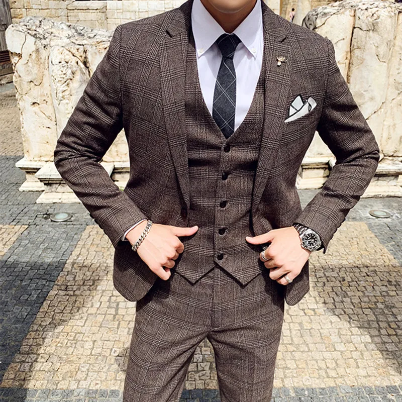 

( Jacket + Vest + Pants ) Groom Wedding Dress Plaid High-end Brand Mens Suit 3 Pcs Set Male Formal Slim Casual Business Suit