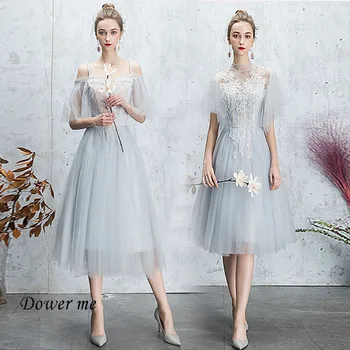 

Wedding Guest Dress GR534 Elegant Gray Bridesmaid Dress For Girls Crystal Lace Boat Neck Bridesmaid Dresses Tulle Party Gowns