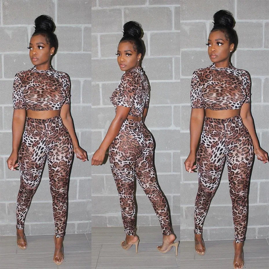 

Sexy Leopard Print 2 Piece Set Fashion Clothing Short Sleeve Crop Top And Pants Sweat Suits Set Fall Outfits For Women 2019