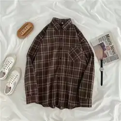 Vintage Plaid Oversized Button - Up Shirt - Women's Autumn Fashion Long Sleeve Top - XXXL (Brown)