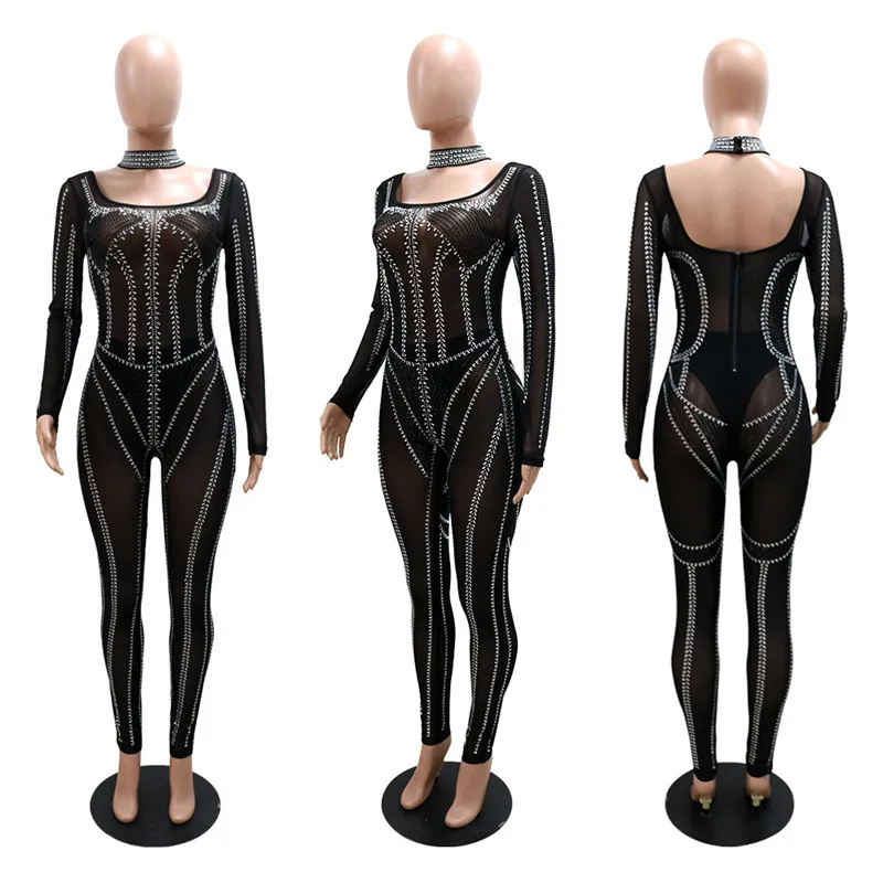 Rhinestone Mesh See-Through Party Jumpsuit for Women Elegant Long Sleeve Bodycon Rompers Party Night One Piece Outfits Clubwear