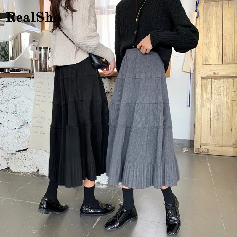 RealShe, Женская юбка, длинная, высокая талия, свободная, а-силуэт, длинная юбка для женщин, весенняя, повседневная, уличная, с оборками, Однотонная юбка, Femme