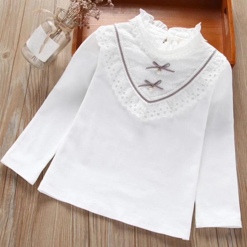 1 girls shirt Весенняя, осенняя, Зимняя Блузка для девочек; белые рубашки для малышей; топы для школьниц; хлопковая кружевная Детская рубашка с длинными рукавами; детская одежда - Цвет: 1 girls shirt