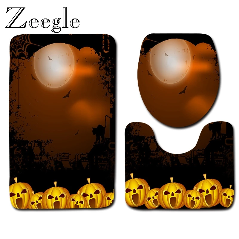 Halloween 3pcs Bath Mat Set Bathroom Mat Anti Slip Shower Carpet Absorbent Toilet Pedestal Rug Foot Mat Washable Soft Toilet Set