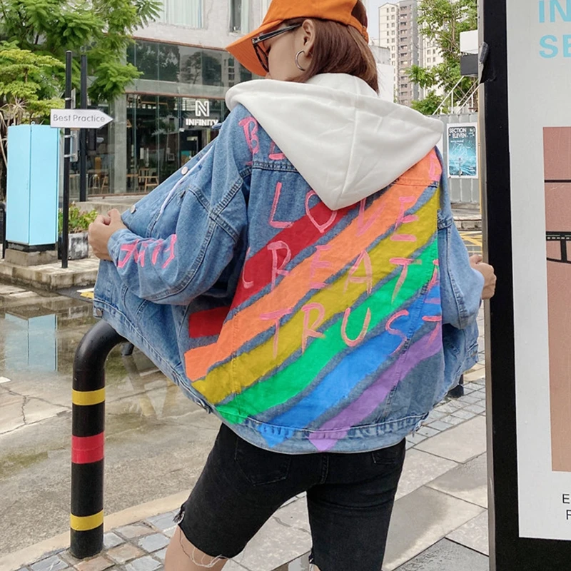 

New Letter Stripe Graffiti Streetwear Hippop Loose Hoodeddenim Jeckets Long Sleeved Single Breasted Outerwear Джинсовая куртка