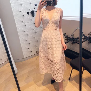 

Woman Dress 2019 Spring Summer Slim Sleeveless Mesh Dress Openwork Dress