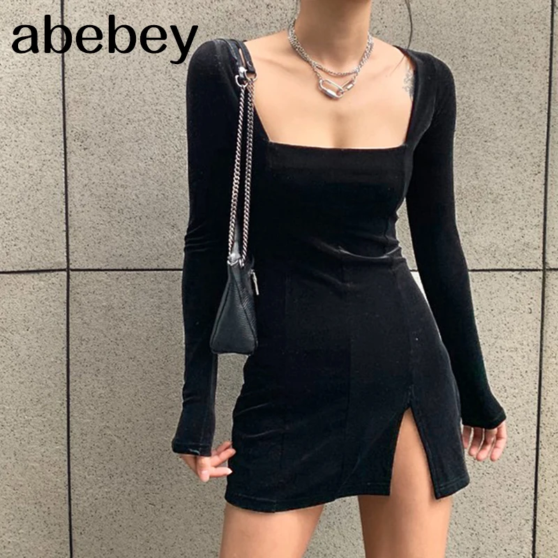 

velvet women dress bodycon Modis soild Autumn Winter 2019 elegent split Femme Dresses party long sleeve gothic clothes