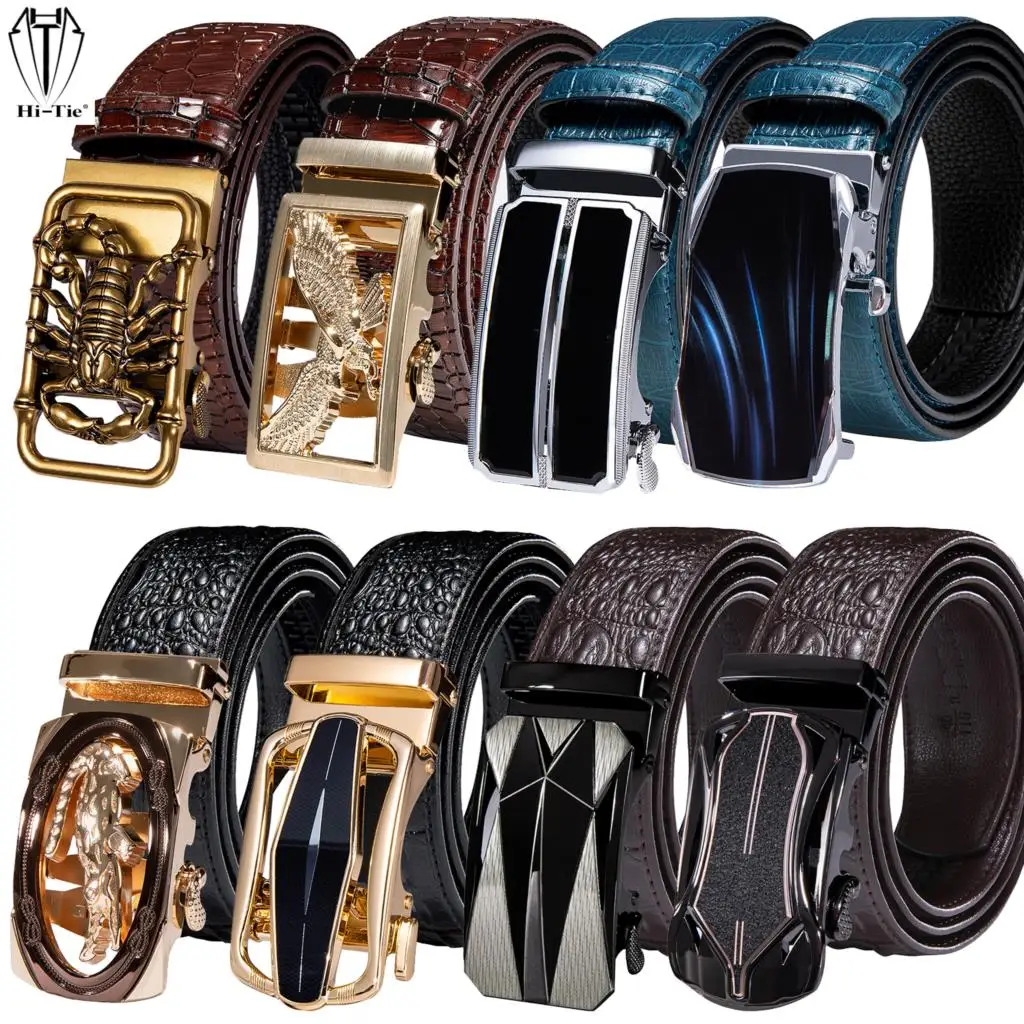 Luxury Mens Belts Black Brown Blue Burgundy Leather Crocodile Pattern Straps Automatic Buckles Ratchet Waistband for Men Cowboy