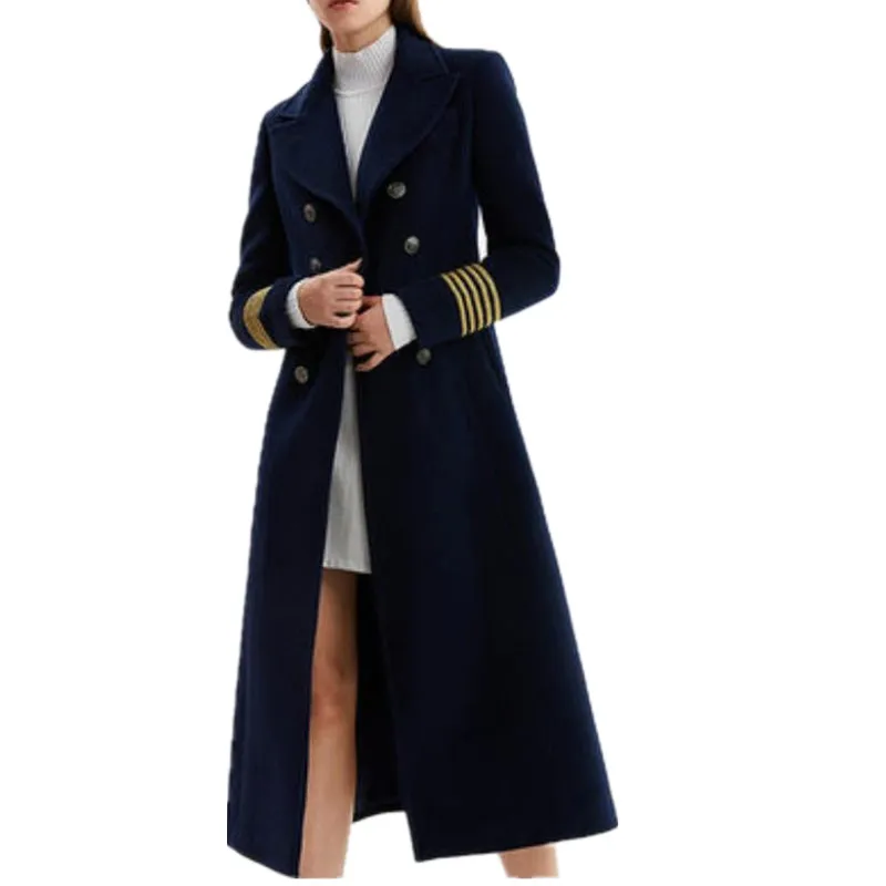 Новое осенне-зимнее шерстяное пальто темно-синего цвета, шерстяное пальто с отложным воротником, Женское пальто средней длины