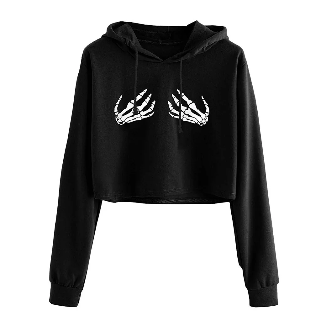 JAYCOSIN Fashion Women Casual Simple Sweatshirt Halloween Ghost Claw Print Long Sleeve Comfortable Popular Soft Crop Top Hoodie