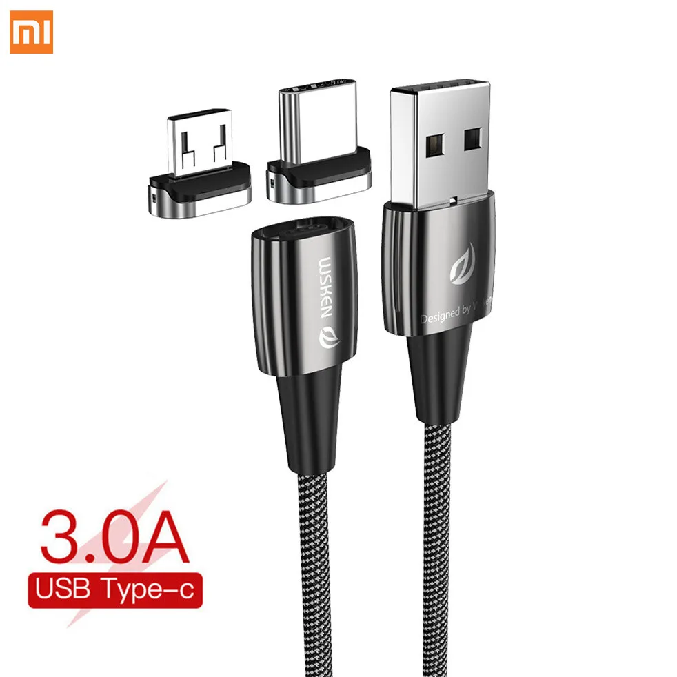 Магнитный кабель Xiaomi WSKEN 3A type C Micro USB для быстрой зарядки данных 1,2 m/2 m кабель для Xiaomi samsung huawei USB кабель