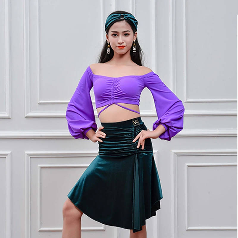 Latin Dance Costume Girls Performance Outfit Puff Sleeves Tops Velvet