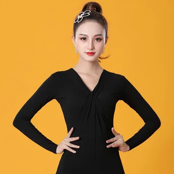 

New Latin Dance Tops Sexy V-Neck Long-Sleeved Shirt Female Ice Silk Standard Women Dance Clothing Ballroom Salsa Samba DL4963
