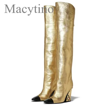 

2020 Winter New Thigh High Boots Gold Metallic Leather Jewelled Heel Designer Shoes Women Bicolor Long Boots