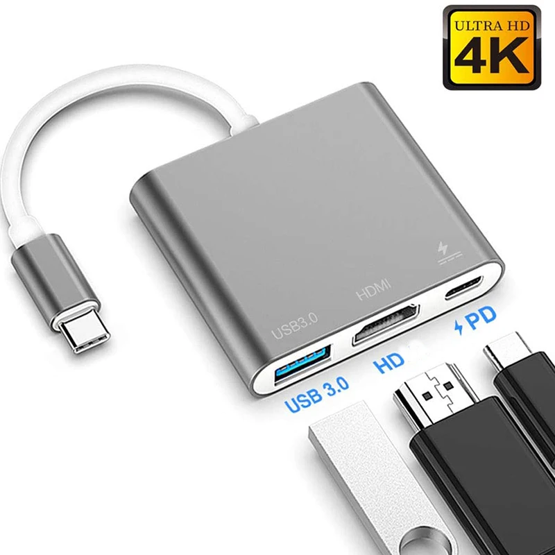 Convertidor de Cable USB 3,1 tipo C a HDMI, adaptador multipuerto Compatible con USB-C, 3 en 1, 4K, 1080P, para teléfono, portátil, HDTV