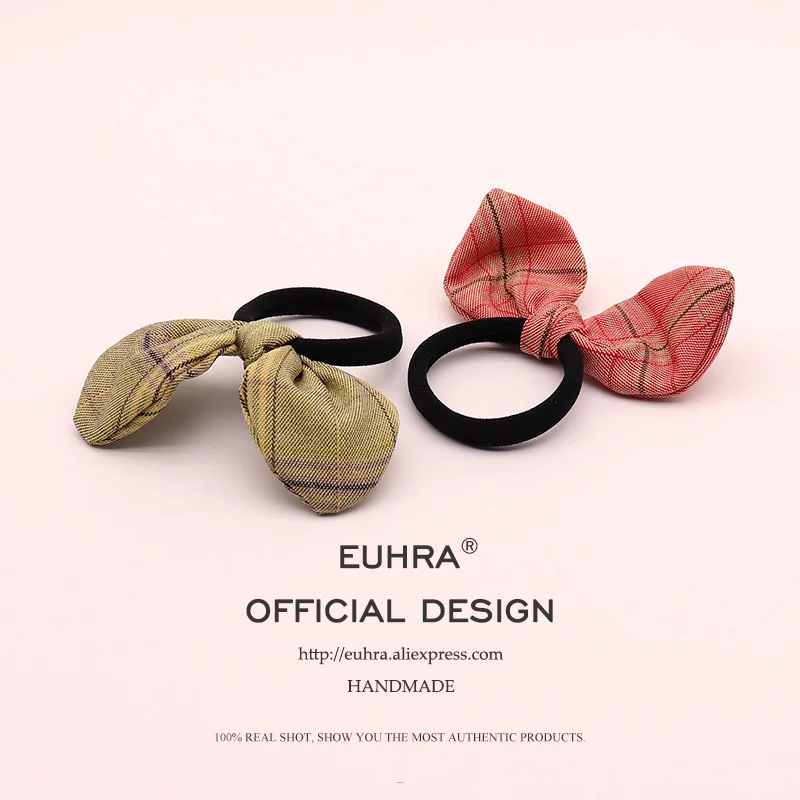 EUHRA/4 цвета, кроличьи ушки, кроличий мех, ткань в клеточку, эластичные волосы резинки для женщин, девочек, повязка для волос, Детская резинка