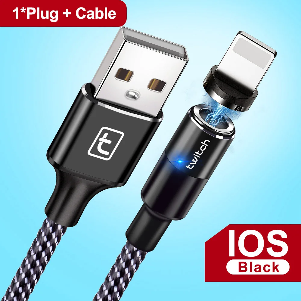 Black IOS Cable Магнитный кабель Twitch Micro usb type C, супер быстрое зарядное устройство, USB C светодиодный кабель для iPhone, samsung, Xiaomi, Android, кабель Microusb - Цвет: Black IOS Cable