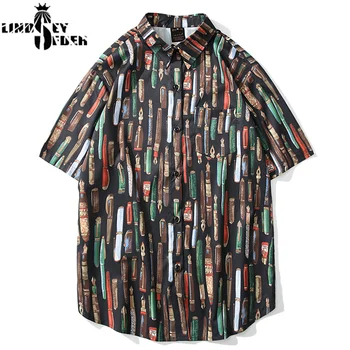 

Lindsey Seader Pen Characters Full Printed Striped Retro Shirt Men 2020 Summer New Fashion Hip Hop Shirts Short Sleeve for Men