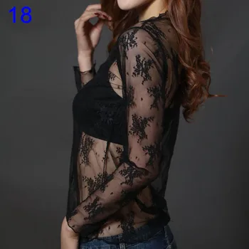 

Sexy Women Blouse See Through Transparent Mesh Long Sleeve Sheer Blouses Shirt Tops Tee THJ99