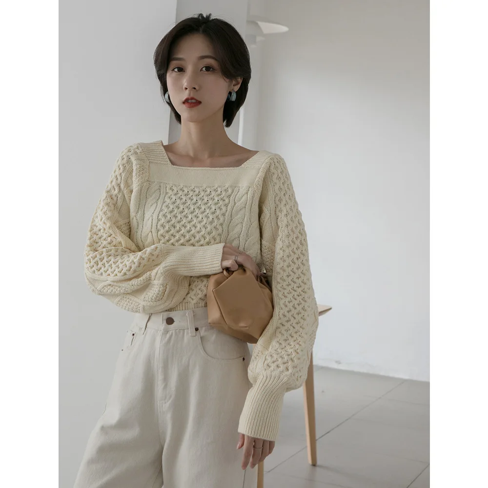 

2020 Korean-style Autumn & Winter New Style Simple Retro Linen Flower Color Square Collar Long Sleeve Sweater WOMEN'S Dress M248