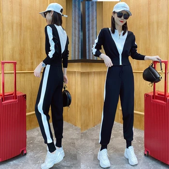 

Women's suit 2020 autumn Korean version of long-sleeved fashion casual 2-piece color-blocking knitted sports suit women
