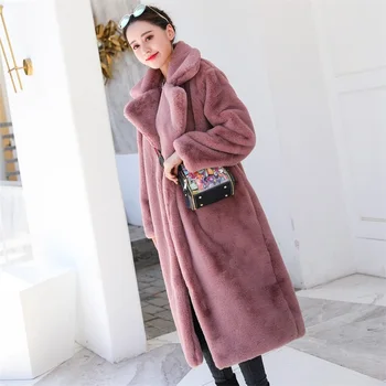 

2019 Winter Imitation Rabbit Long Leisure Turn-down Collar Fur Coat Loose Warm Windbreaker Female Fur Coats