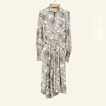 

Women Dress ~ 2020 Early Spring New Ruffled Collar Lantern Sleeve Print Long Ladies Midi Dress