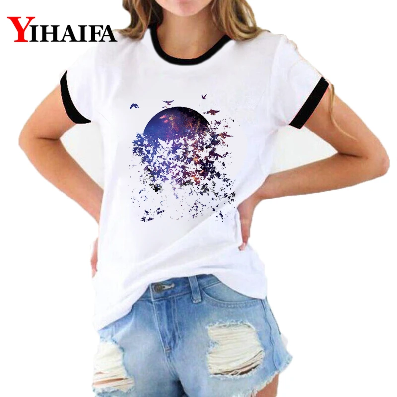 

YIHAIFA Women Summer T Shirts Animal Graphic Tees Fashion Starry Butterfly 3D T-shirt White Casual Couple Short Sleeve Tops