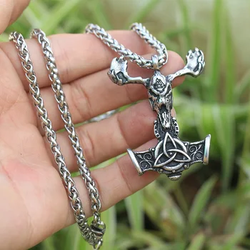 

10pcs Men stainless steel viking goat head pendant thor's Skull goat hammer mjolnir necklace norse talisman ethnic jewelry