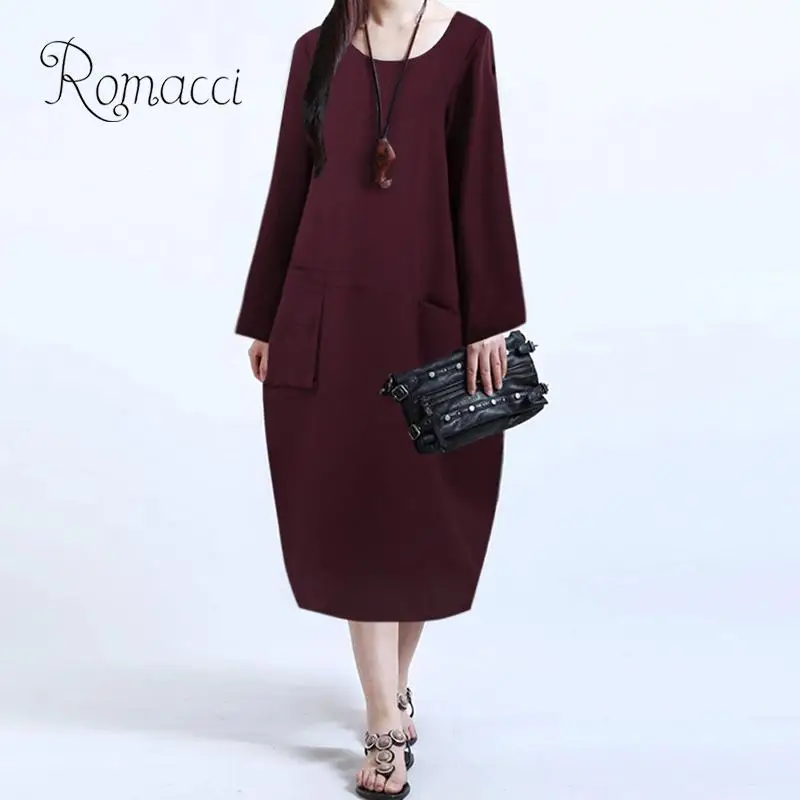 

Vintage Women Dress Solid Color Long Sleeve Pocket Baggy Midi Long Dress Women Loose Casual Plus Size Dress Burgundy/Blue/Coffee