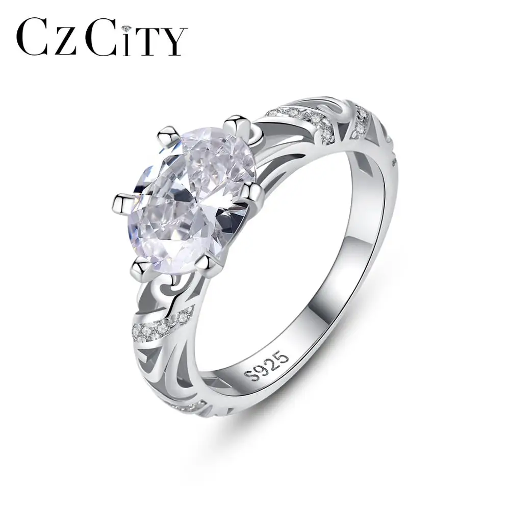 CZCITY чистый 925 стерлингового серебра 6 зубец классические обручальные кольца для