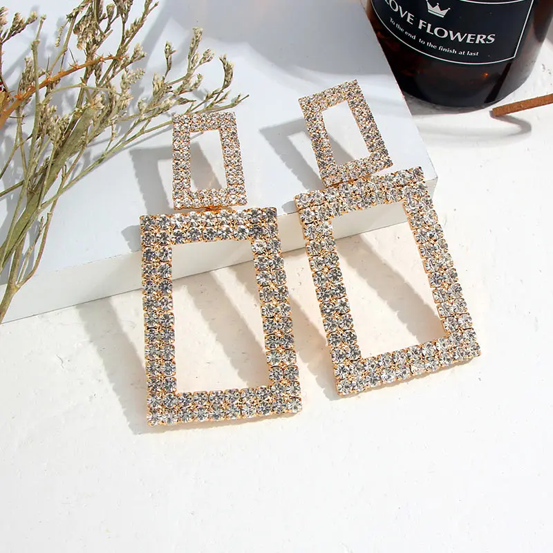 Flatfoosie Bohemian Sun Flower Drop Earrings for Women Fashion Jewelry Geometric Square Shiny Crystal Dangle Statement Earrings