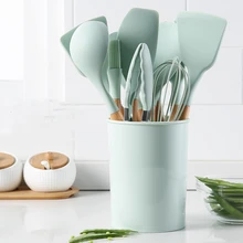 Silikon mutfak pişirme aletleri seti mutfak eşyaları Spatula kürek çorba kaşığı ahşap saplı Turner fırça kazıyıcı makarna maşa mutfak eşyaları