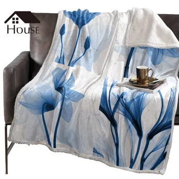 

BIGHOUSES Throw Blanket Oil Painting Blue Transparent Flower Fleece Blankets Winter Blanket Personalized Blankets Bedclothes