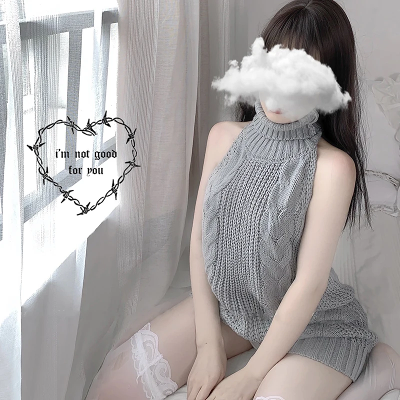 

Sexy Backless Women Sweaters Grey Turtleneck Sleeveless Long Virgin Killer Cosplay Costumes Japanese Knitted and Pullovers