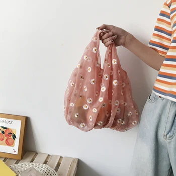 

Women Mesh Cloth Bag Organza Transparent Tote Daisy Embroidery Handbag High Quality Eco Fruit Bag Purse For Girls