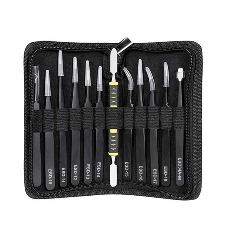 New 12 Pieces Set Tweezers ESD Tweezers Tools Kit Anti static Non