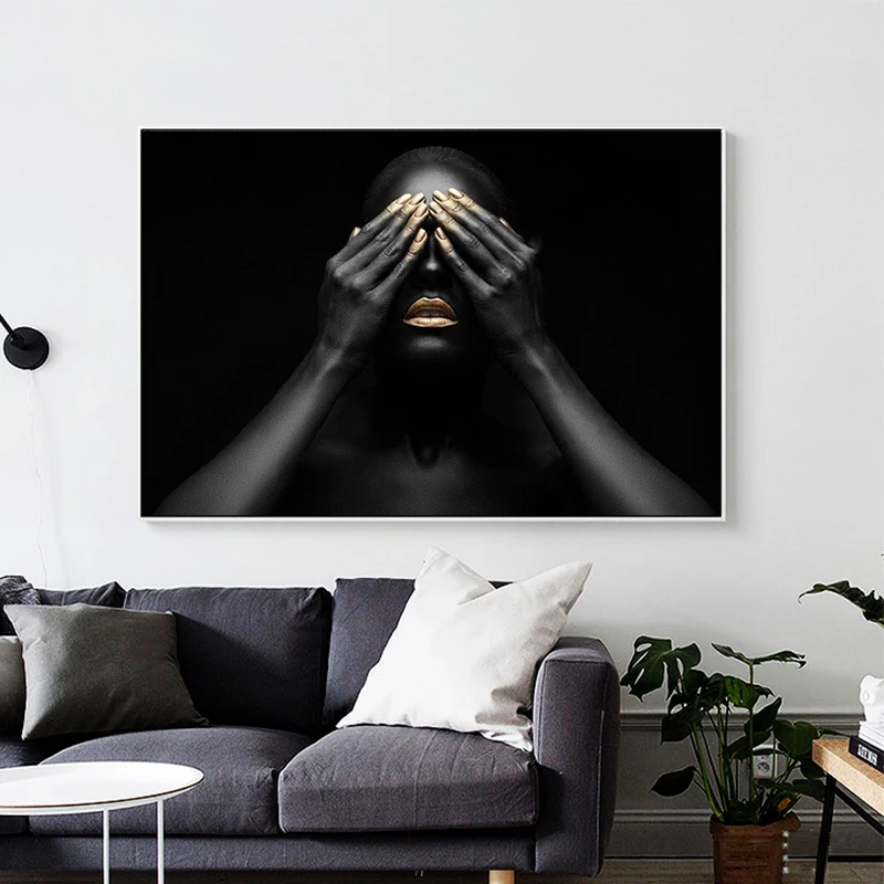 Black Hand and Gold Lip Nude Woman Canvas Painting African Posters Prints Wall Art Pictures for Living Room Home Decoration | Дом и сад
