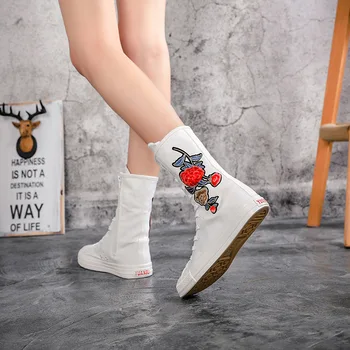 

Women Boots Canvas Shoes Embroidered Rose Flowers Flat Boots Cross-strap Ribbon High Casual Booties Shoes Woman Sneakers Ladies