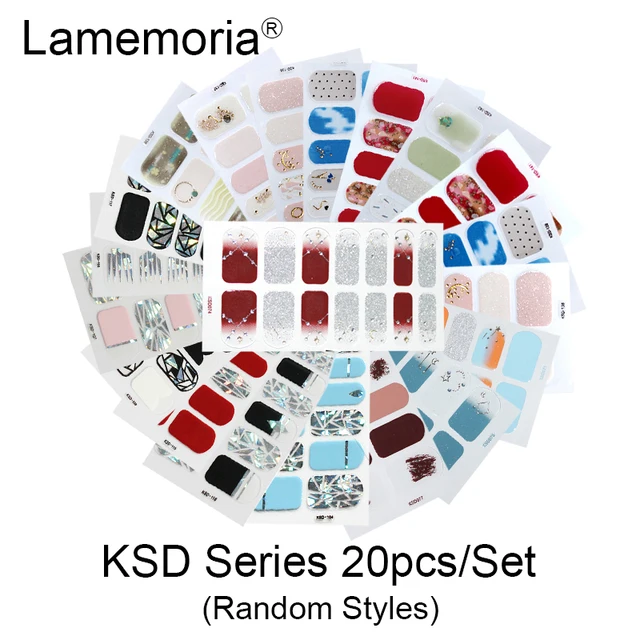 10/20pcs Full Cover Wraps Nail Polish Stickers Strips Plain Nail Art Decorations Stripe Designs Glitter Powder Manicure Tips KSD-20pcs random