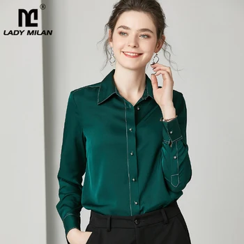 

100% Pure Silk Women's Runway Shirts Turn Down Collar Long Sleeves Piping Fashion Formal Shirt Work Blouse