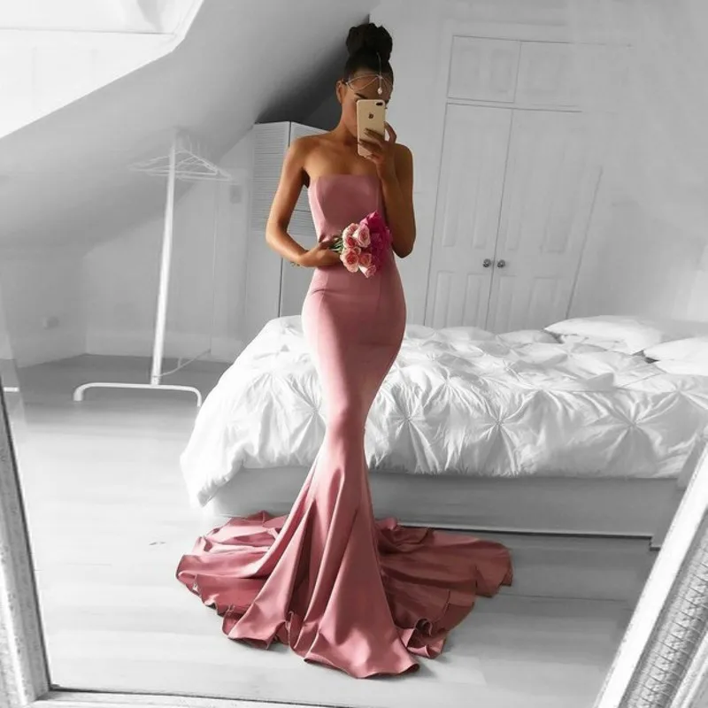 Mermaid Prom Dresses Saudi Arabic Simple Designed Pink Long Gowns Satin Abiye gala jurken Strapless Formal | Свадьбы и торжества